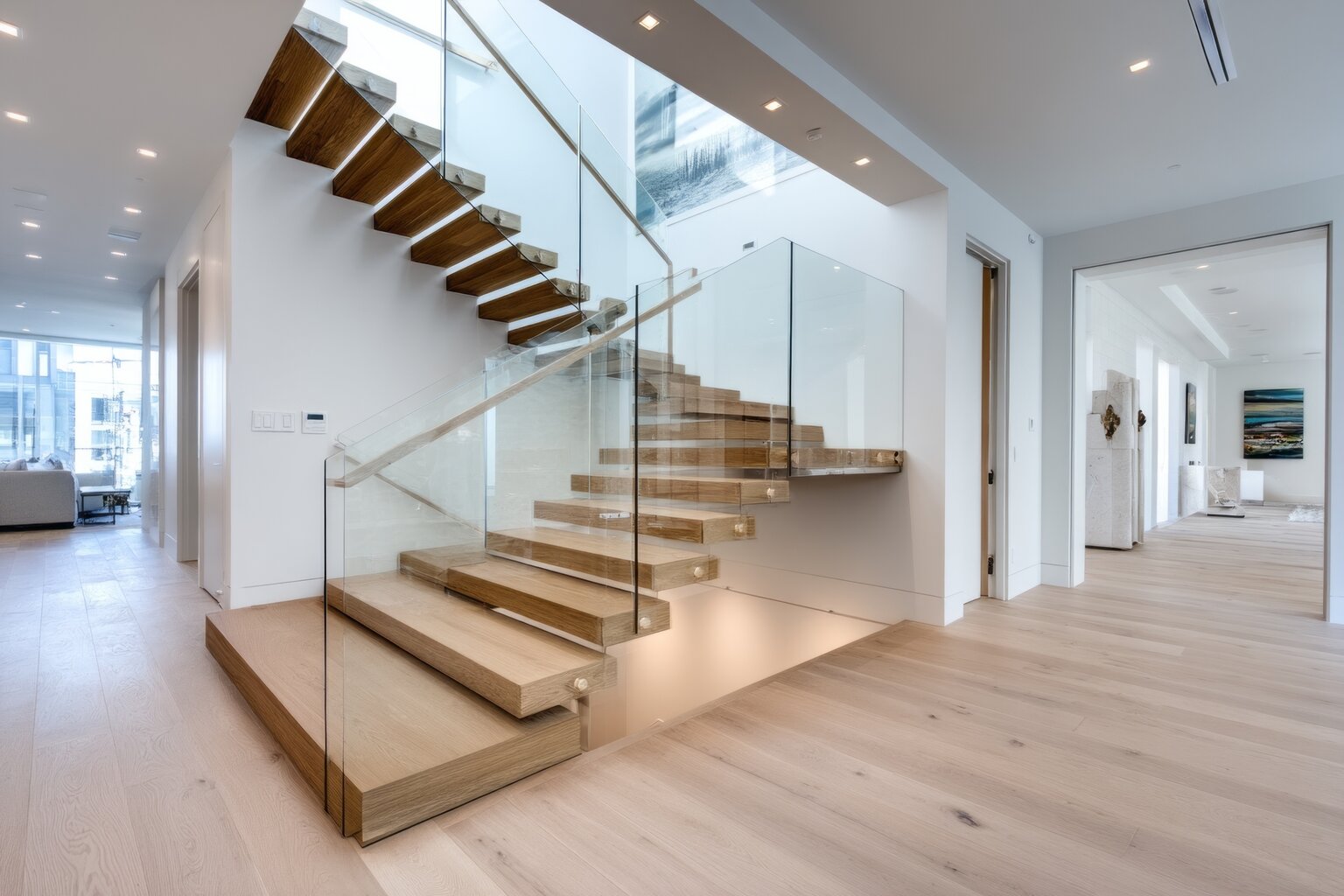A staircase with a glass railing and a wooden handrail